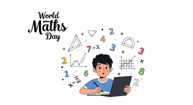 Illustration of a student learning mathematics on a laptop with math symbols and equations around him on World Maths Day.