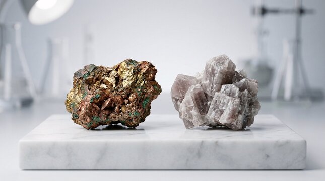 Pristine macro shot of raw copper and lithium ores on a white marble block, symbolizing global supply chains under soft three-point light.