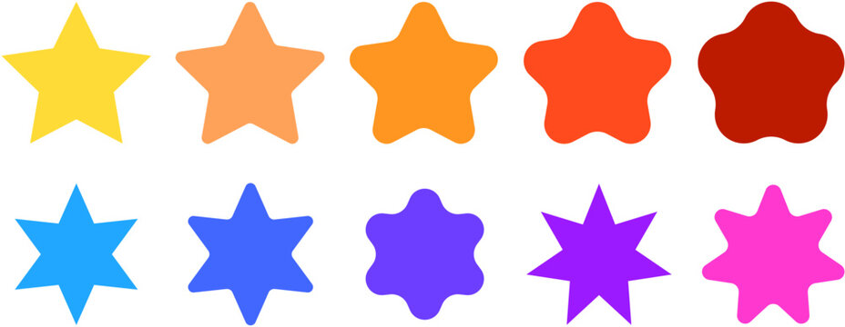 Collection of colorful star shapes with rounded corners, vibrant star icon set