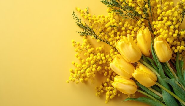 Yellow tulips and mimosa flowers on a yellow background.