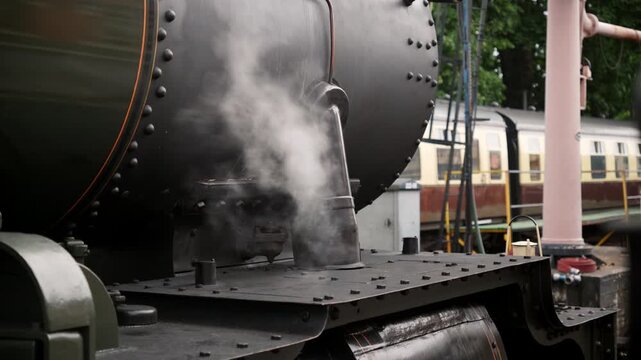 Steam engine close up at a train museum during daylight showing details of the metalwork and surroundings with vintage trains parked nearby