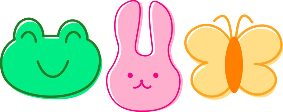 Collection of cute frog rabbit and butterfly animal faces with thick outlines, flat animal vector set