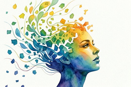 Ritratto ad acquerello di donna con mente che si dissolve in colori