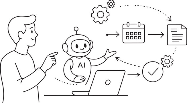 A man interacts with an ai robot illustrating automated workflows and digital task management
