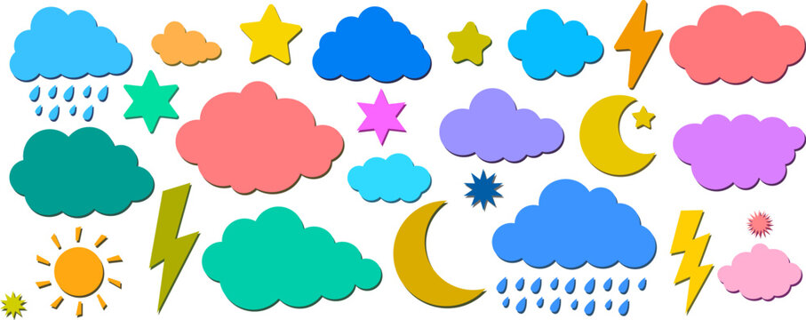Colorful shape weather vector icons, paper cut style sun clouds and stars with shadows