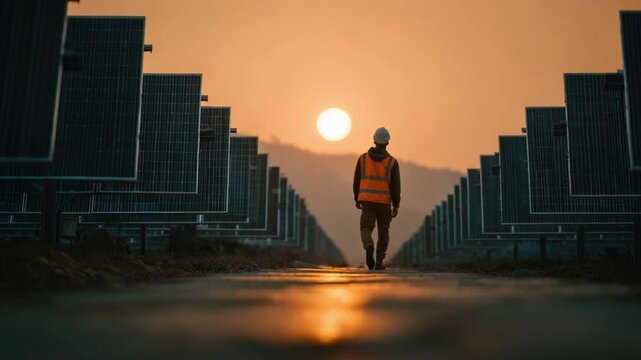 Harnessing the Sun: An engineer, walks confidently along a pathway towards the bright sun, framed by rows of solar panels. A compelling visual representation of sustainable energy.