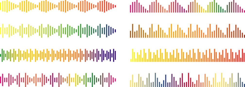 Colorful gradient audio wave visualizer set, vibrant music equalizer frequency bars
