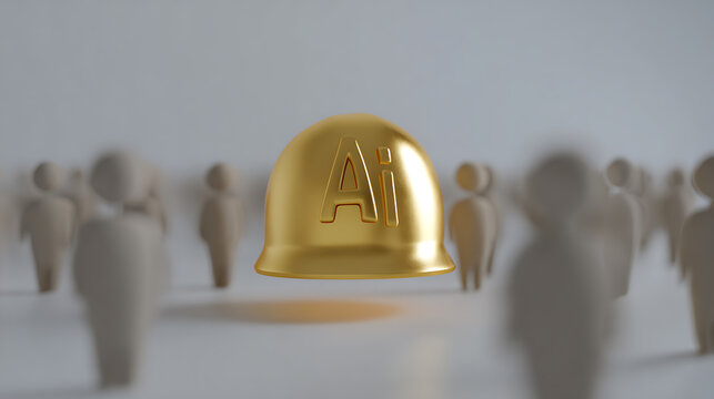 Conceptual image of a golden hard hat with a prominent three-letter abbreviation, surrounded by numerous blurred human figures, suggesting advanced technology leadership and a sense of innovation amon