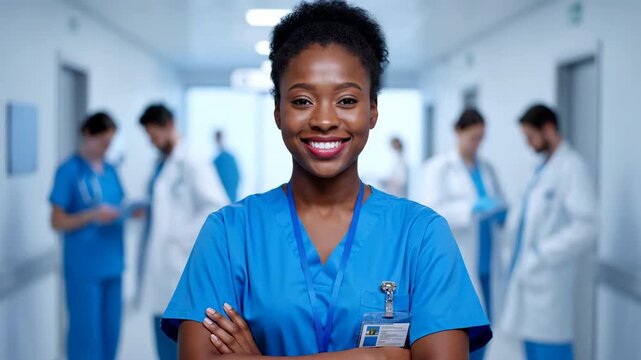 A confident Black female nurse in blue scrubs smiles at the camera with arms crossed in a bright hospital hallway. Several medical professionals are blurred in the background.