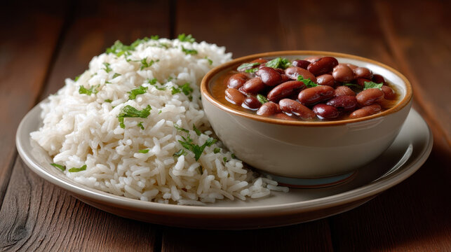 Hot homemade rice and beans on a rustic plate, a traditional Brazilian dish, a simple everyday lunch and a hearty family meal