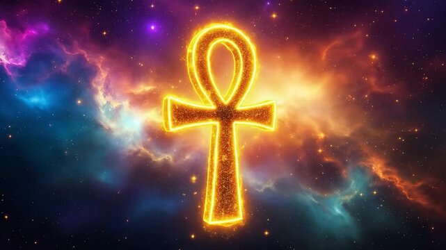 A glowing ankh symbol set against a cosmic, colorful background.