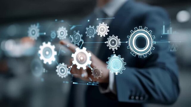 A skilled professional engages with futuristic holographic displays, interacting with dynamic data and graphics in a sleek office environment. The atmosphere buzzes with innovation and creativity.
