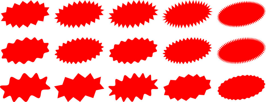 Red starburst and sunburst shapes collection, promotion price tags and stickers
