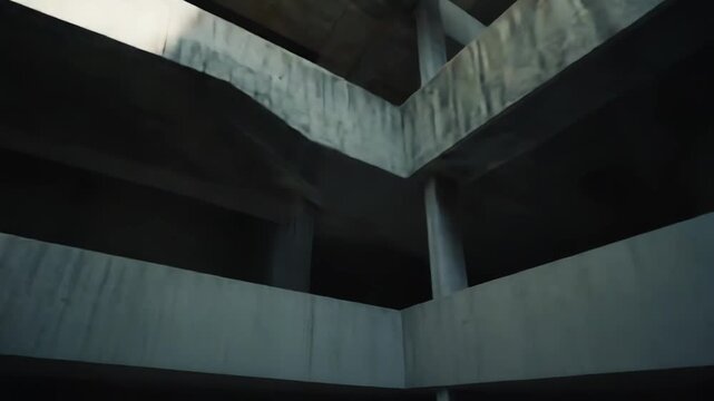 Brutalist interior of raw concrete levels and geometric forms, skylight beams casting strong light and shadow across textured walls, minimalist multilevel architectural space