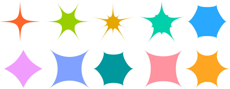 Set of colorful geometric starburst and spark icons with sharp pointed edges, creative shapes for logo or badge design