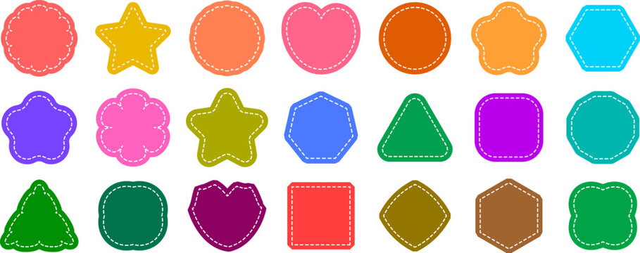 Set of colorful frames with dashed white stitching in various shapes, stitched label collection