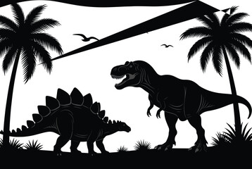 Dinosaur silhouette scene with Tyrannosaurus rex and Stegosaurus in prehistoric jungle landscape, palm trees and flying pterosaurs isolated vector illustration © Moklesur