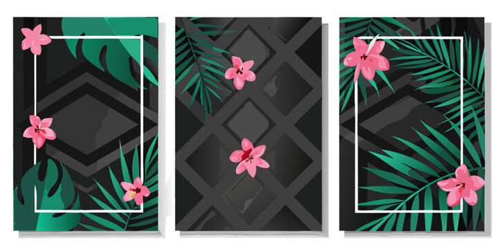 Tropical floral arrangements with geometric patterns in a triptych design
