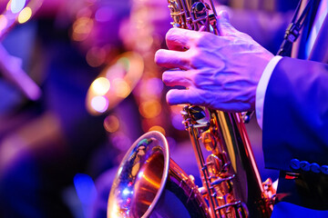 Obraz premium Jazz day celebration with saxophonist playing saxophone in concert