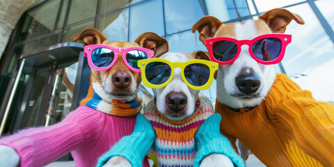 three cool dogs in colorful sweaters and sunglasses taking selfie