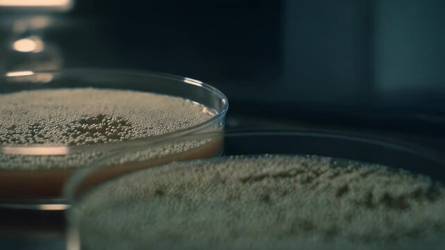 Microorganisms cultivating in a petri dish with agar medium, representing scientific discovery, medical pathogens, biotechnology research, and microbial colonies in a laboratory environment