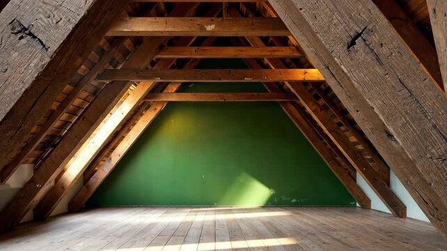 A cozy attic space with wooden beams and a green wall.