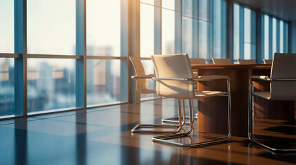 Professional modern office conference room with a large wooden table and chairs at sunset, city view beyond. © Jonathan