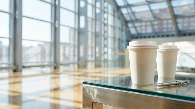 Two disposable coffee cups and a pen on a glass table in a bright, modern office lobby area.