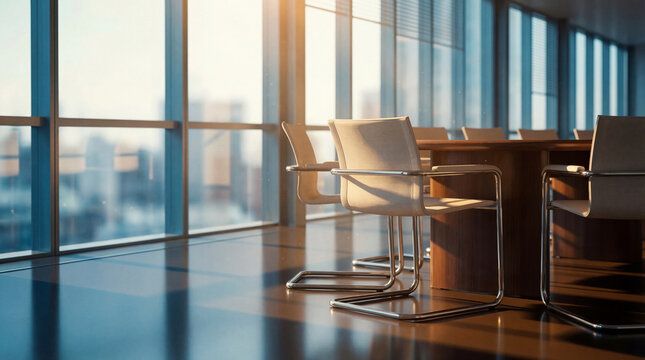 Professional modern office conference room with a large wooden table and chairs at sunset, city view beyond.