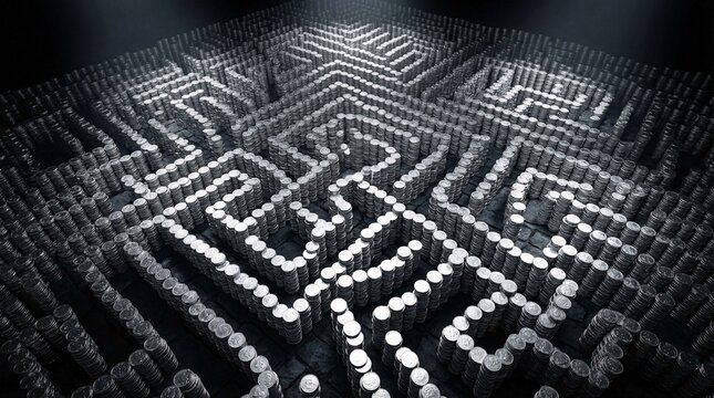 Intricate 3D rendering of a complex maze constructed from towering stacks of blank silver coins to visualize navigating difficult tax laws.