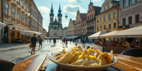Plate of traditional pierogi served at an outdoor cafe table in a historic European city square at sunset. Travel dining scene with local cuisine, warm light, and lively old town atmosphere
