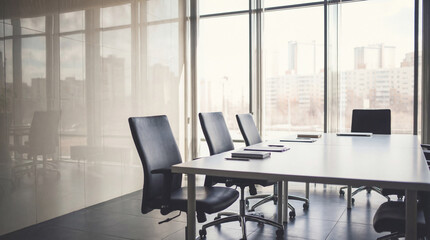 Modern empty conference room with white table, black chairs, and large windows overlooking a city view. © Jonathan