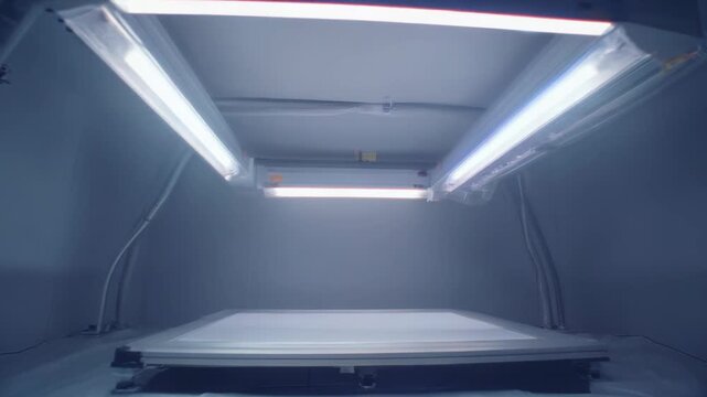 Ultraviolet lamps provide intense illumination and disinfection in a pristine cleanroom or laboratory setting, ensuring sterility and a controlled environment for sensitive work