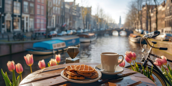 Cup of coffee and traditional stroop wafels on a small table by a canal in Amsterdam, surrounded by blooming tulips and a bicycle in soft morning light.