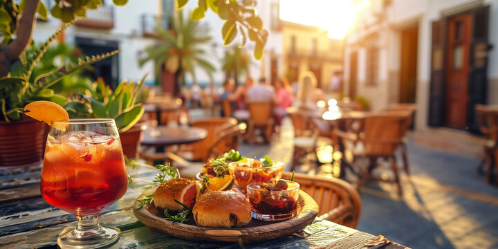 Assorted tapas and glasses of red wine served on a sunny outdoor terrace in a historic European city.