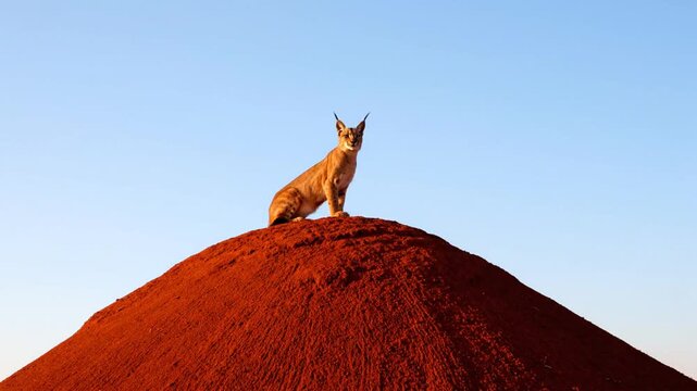 A caracal perches atop a red dune under a clear blue sky, its gaze fixed forward as the sun casts warm golden light across the desert landscape.