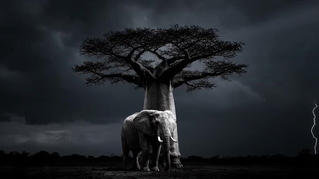 A lone elephant stands beneath a towering baobab tree during a storm, with lightning flashing across the dark sky in dramatic, moody black-and-white frames.