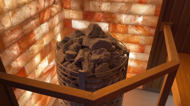 Salt sauna interior glows with backlit Himalayan salt walls and a stone stove radiating warmth, blending therapeutic halotherapy with steamy relaxation.