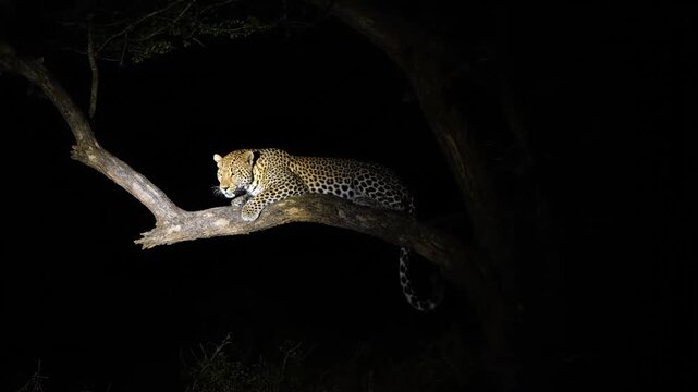 A leopard rests peacefully on a tree branch under the cover of night, illuminated by moonlight. Its spotted coat blends with the shadows as it surveys its surroundings silently.