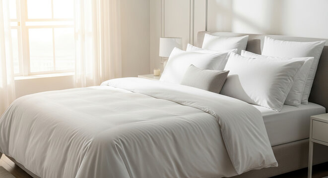 A neatly made bed with white bedding sits in soft sunlight, accented by layered pillows, a cozy throw, and a simple nightstand.