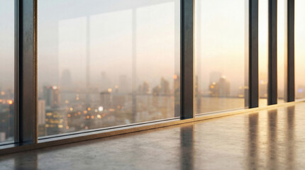 Expansive modern office interior with large windows offering a panoramic view of a city skyline at sunset. © Christine