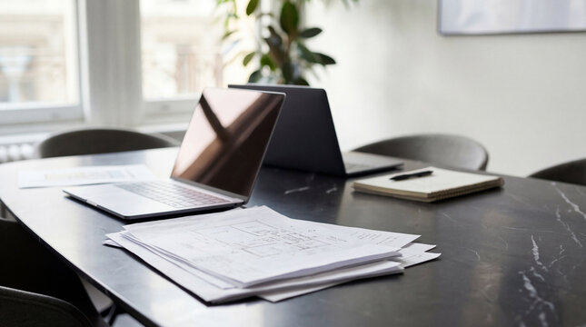 Professional photo of a modern office conference table with an open laptop, architectural blueprints, and a notebook.