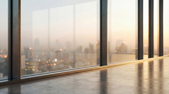 Expansive modern office interior with large windows offering a panoramic view of a city skyline at sunset.
