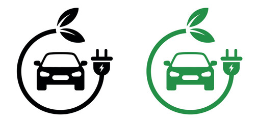 EV charging icon with electric car and plug symbol representing eco friendly transport, clean energy vehicle charging station concept, vector illustration isolated © HeLLo WorLd