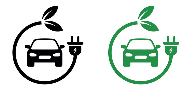 EV charging icon with electric car and plug symbol representing eco friendly transport, clean energy vehicle charging station concept, vector illustration isolated