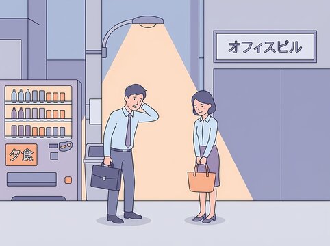 Cute illustration of Japanese salarymen shyly talking under a streetlamp after work, implying a dinner invitation.