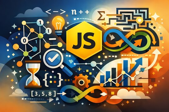 Abstract vibrant illustration of JavaScript coding concepts, featuring algorithms, logic icons, and programming symbols.