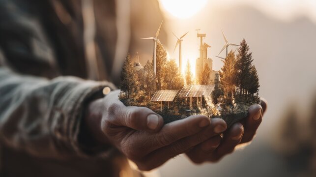 Digital artwork showcasing sustainable energy solutions and green technology in urban settings