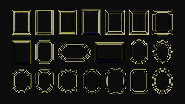 Luxury gold picture frame collection with elegant vintage border designs for art gallery display and ornate geometric vector graphic element set.