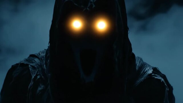 A mysterious figure with glowing eyes emerges from the fog.